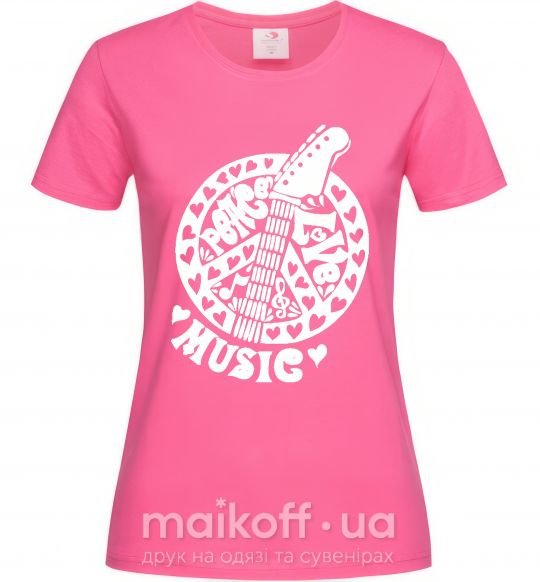 Жіноча футболка Peace love music guitar Яскраво-рожевий фото