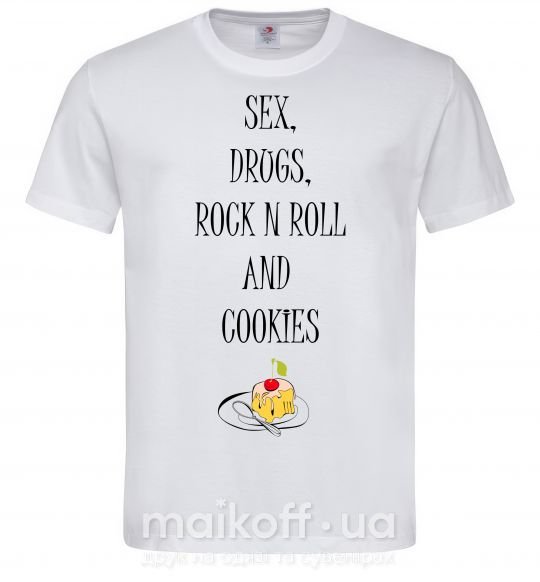 Мужская футболка SEX DRUGS ROCK N ROLL AND COKIES Белый фото