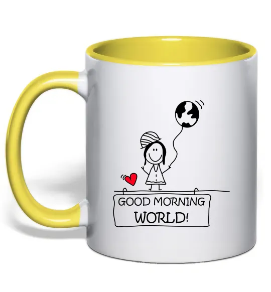 Чашка з кольоровою ручкою Good morning, world! Сонячно жовтий фото