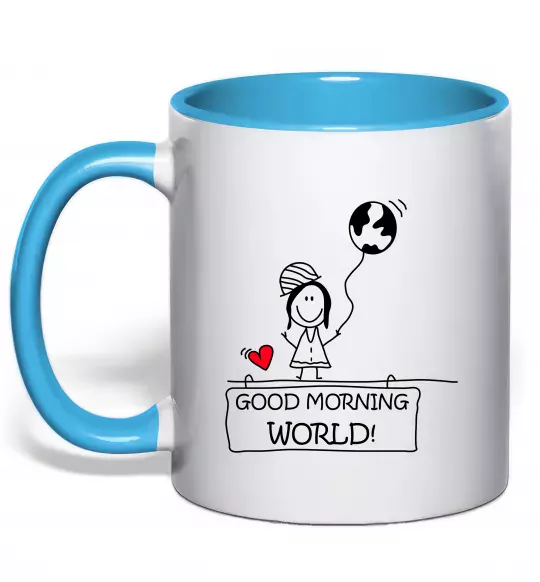 Чашка з кольоровою ручкою Good morning, world! Блакитний фото