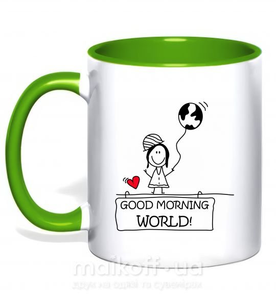 Чашка с цветной ручкой Good morning, world! Зеленый фото