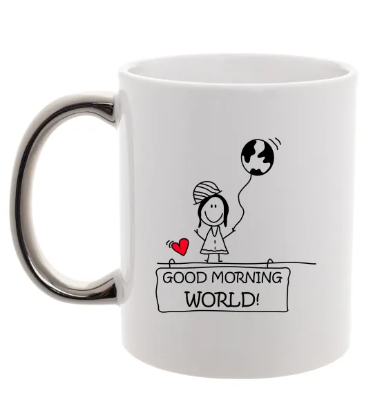 Чашка з кольоровою ручкою Good morning, world! Срібло фото