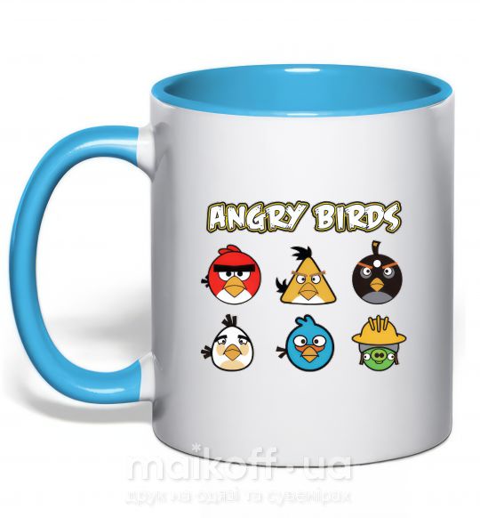 Чашка з кольоровою ручкою ANGRY BIRDS персонажи Блакитний фото