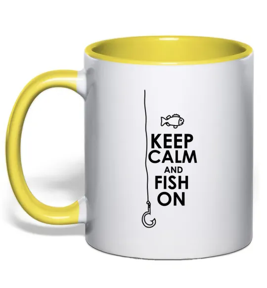 Чашка з кольоровою ручкою Keep calm and fish on Лимонний фото