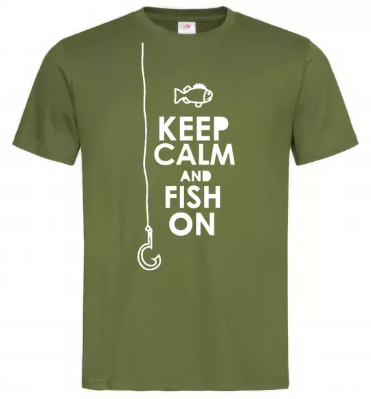 Мужская футболка Keep calm and fish on Оливковый фото