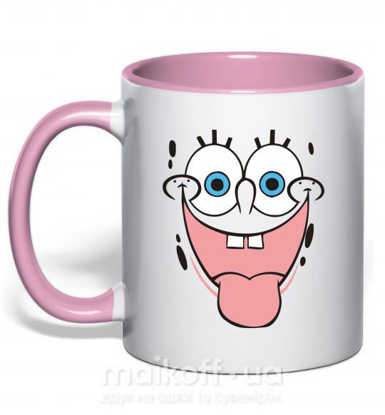 Чашка з кольоровою ручкою Sponge Bob лицо показывающее язык Ніжно рожевий фото