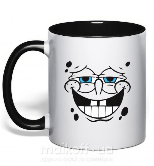 Чашка з кольоровою ручкою Sponge Bob лицо с довольной улыбкой Чорний фото