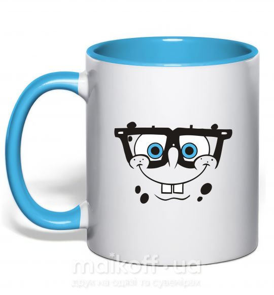 Чашка з кольоровою ручкою Sponge Bob лицо умника Блакитний фото
