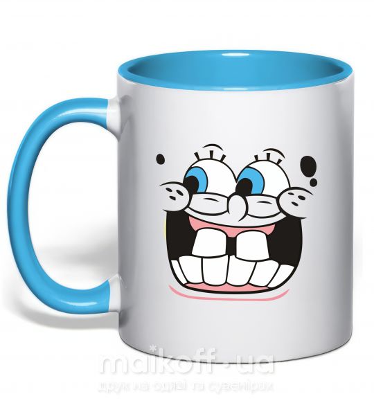 Чашка з кольоровою ручкою Sponge Bob кривляющееся лицо Блакитний фото