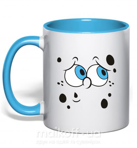 Чашка з кольоровою ручкою Sponge Bob думающее лицо Блакитний фото