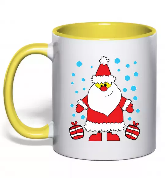 Чашка з кольоровою ручкою Дід Мороз з подарунком Сонячно жовтий фото