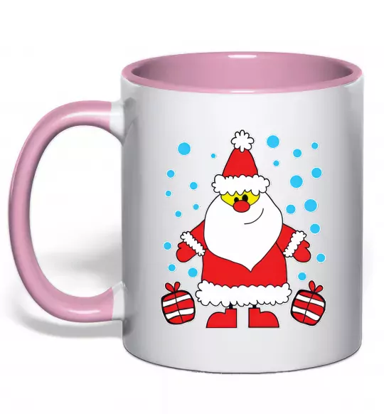 Чашка з кольоровою ручкою Дід Мороз з подарунком Ніжно рожевий фото