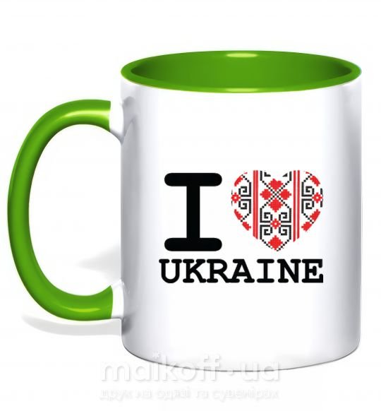Чашка з кольоровою ручкою I love Ukraine (вишиванка) Зелений фото