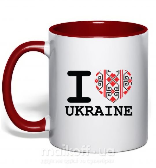 Чашка з кольоровою ручкою I love Ukraine (вишиванка) Червоний фото