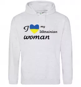 Мужская толстовка (худи) I love my Ukrainian woman Серый меланж фото
