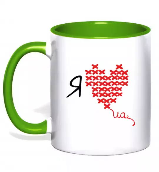 Чашка с цветной ручкой I love UA - вишивка хрестик Зеленый фото