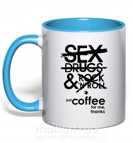 Чашка з кольоровою ручкою SEX, DRUGS AND ROCK'N-ROLL... Блакитний фото