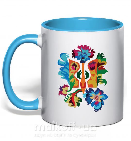 Чашка з кольоровою ручкою Герб квіти Блакитний фото