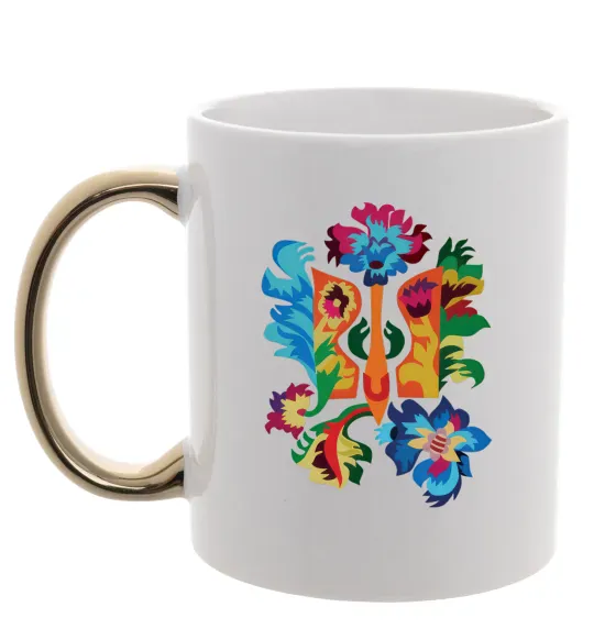 Чашка с цветной ручкой Герб квіти Золото фото