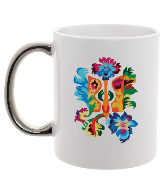 Чашка с цветной ручкой Герб квіти Серебро фото