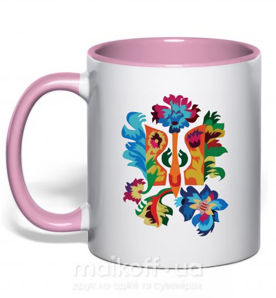 Чашка с цветной ручкой Герб квіти Нежно розовый фото