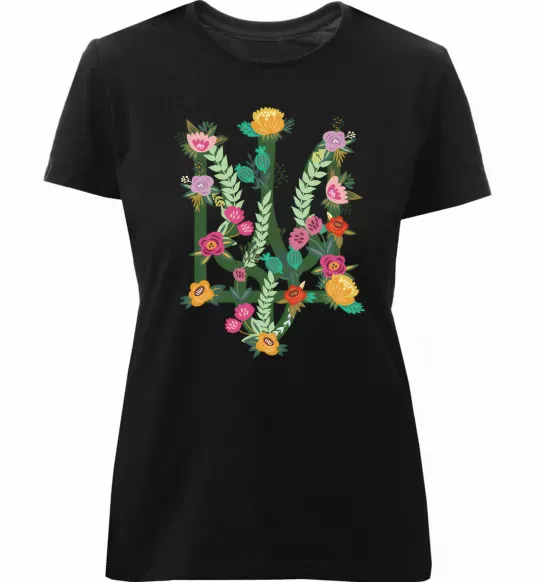 Женская премиум футболка Герб з квітками Черный фото
