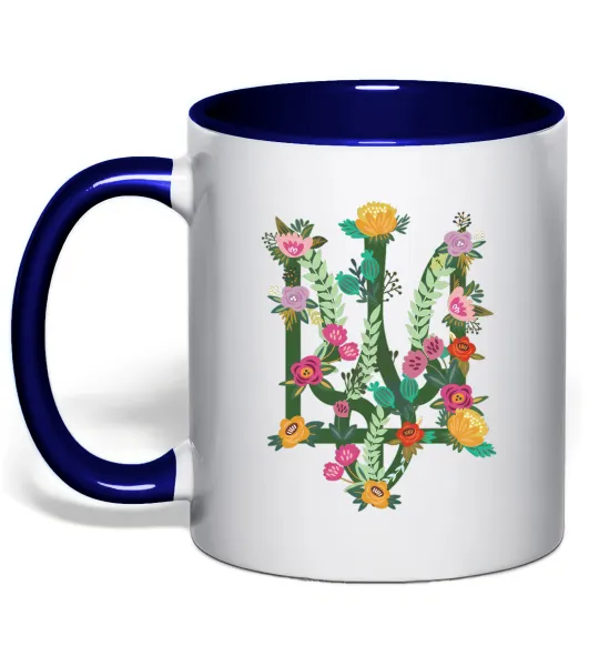 Чашка з кольоровою ручкою Герб з квітками Глибокий темно-синій фото
