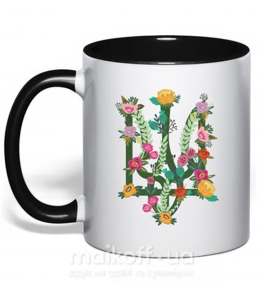 Чашка з кольоровою ручкою Герб з квітками Чорний фото