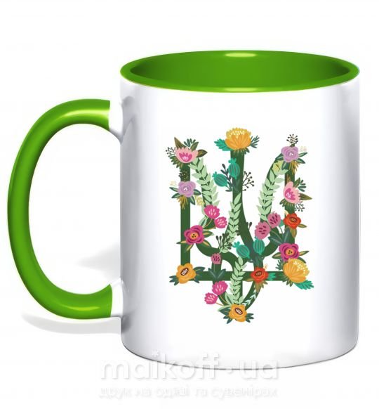 Чашка з кольоровою ручкою Герб з квітками Зелений фото