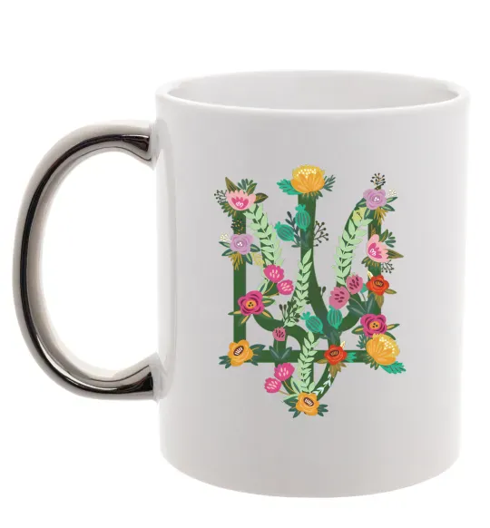 Чашка з кольоровою ручкою Герб з квітками Срібло фото