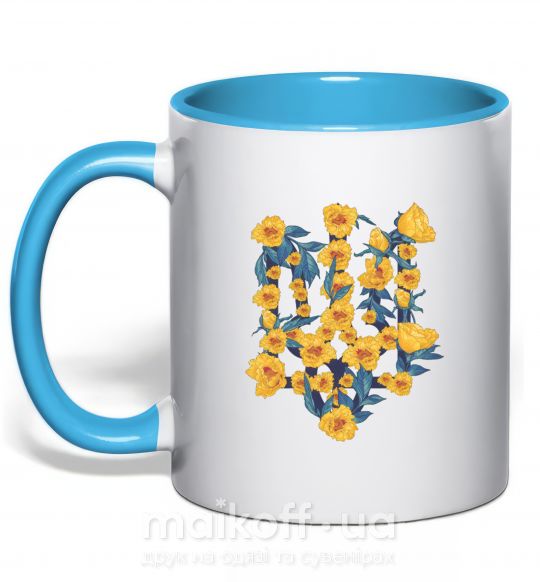 Чашка з кольоровою ручкою Герб з жовтими квітками Блакитний фото