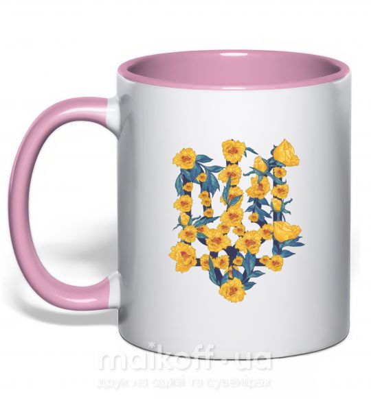 Чашка з кольоровою ручкою Герб з жовтими квітками Ніжно рожевий фото