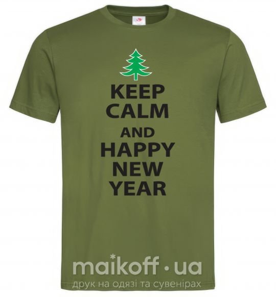Мужская футболка Надпись KEEP CALM AND HAPPY NEW YEAR Оливковый фото