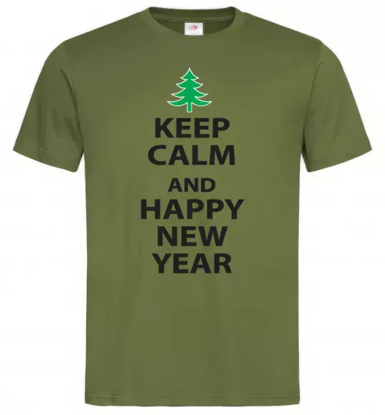 Мужская футболка Keep calm and happy new year Оливковый фото