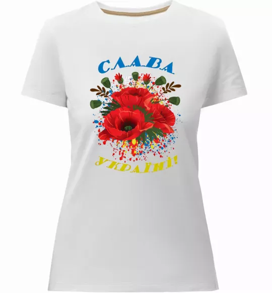Женская премиум футболка Слава Україні! (маки) Белый фото