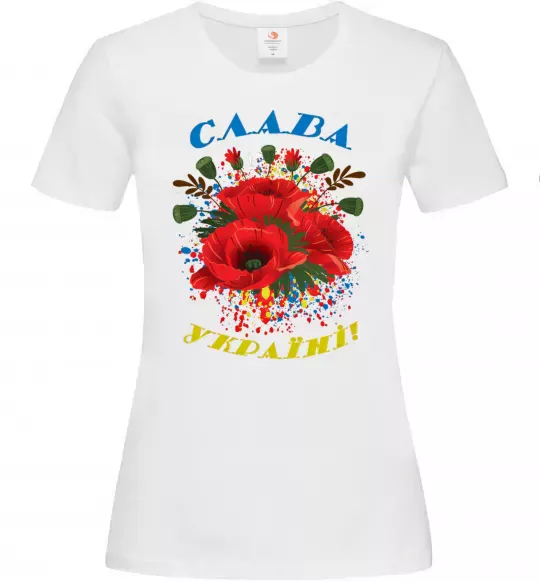 Жіноча футболка Слава Україні! (маки) Білий фото