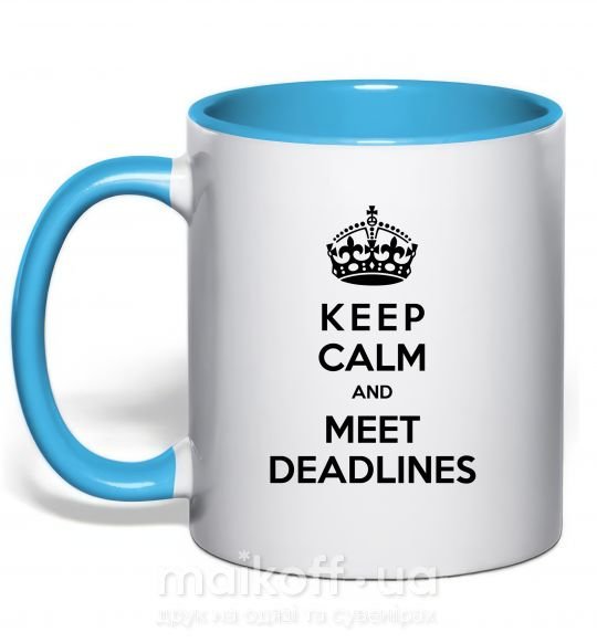 Чашка з кольоровою ручкою Meet deadlines Блакитний фото