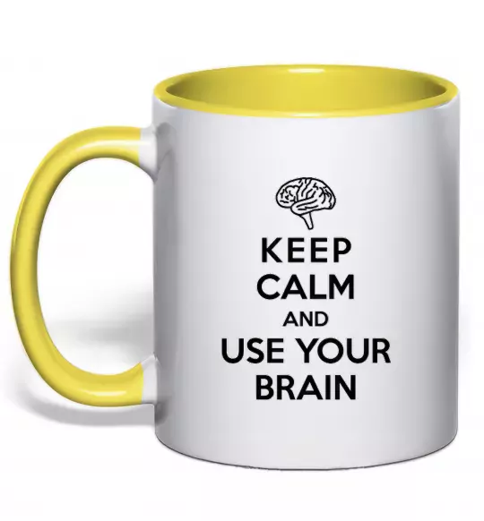 Чашка з кольоровою ручкою Keep Calm use your brain Сонячно жовтий фото