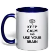 Чашка з кольоровою ручкою Keep Calm use your brain Глибокий темно-синій фото