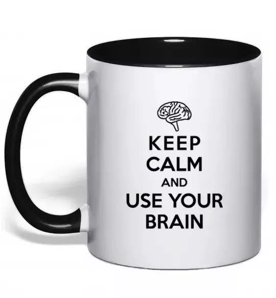 Чашка з кольоровою ручкою Keep Calm use your brain Чорний фото