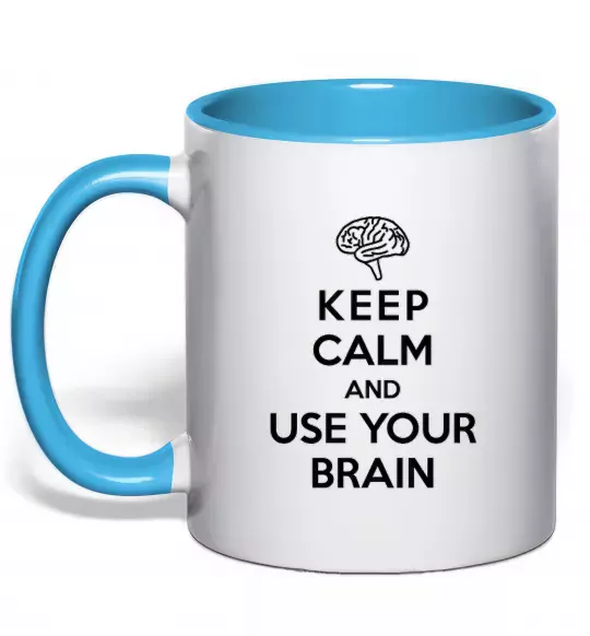Чашка з кольоровою ручкою Keep Calm use your brain Блакитний фото