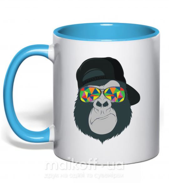 Чашка з кольоровою ручкою Monkey in glass Блакитний фото