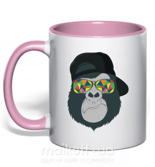Чашка з кольоровою ручкою Monkey in glass Ніжно рожевий фото