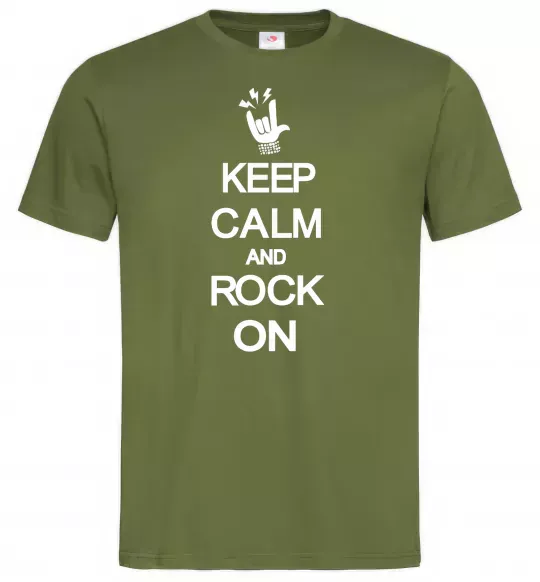 Мужская футболка Keep calm and rock on Оливковый фото