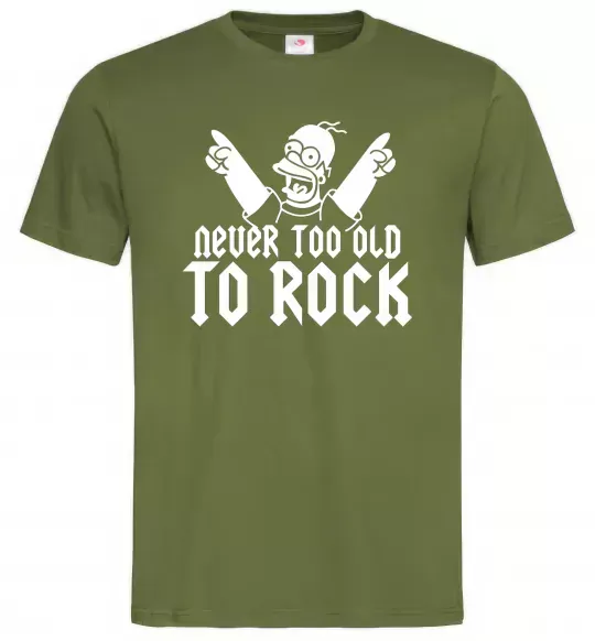 Мужская футболка Never too old to rock Simpsons Homer Оливковый фото