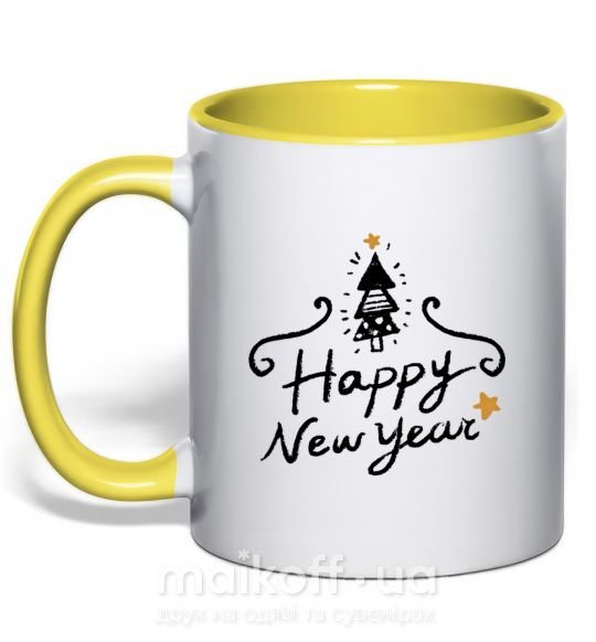 Чашка с цветной ручкой HAPPY NEW YEAR Christmas tree Солнечно желтый фото