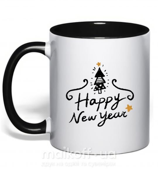 Чашка с цветной ручкой HAPPY NEW YEAR Christmas tree Черный фото