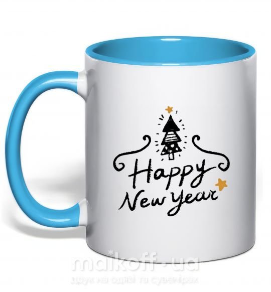 Чашка с цветной ручкой HAPPY NEW YEAR Christmas tree Голубой фото