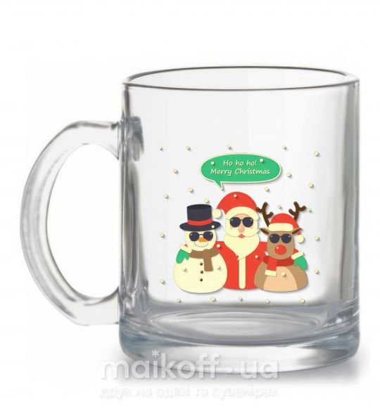 Чашка скляна Deer snowman and santa Прозорий фото