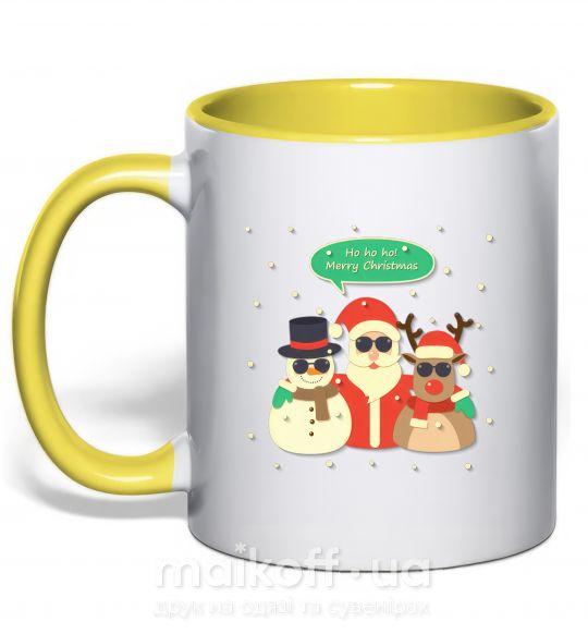 Чашка з кольоровою ручкою Deer snowman and santa Сонячно жовтий фото